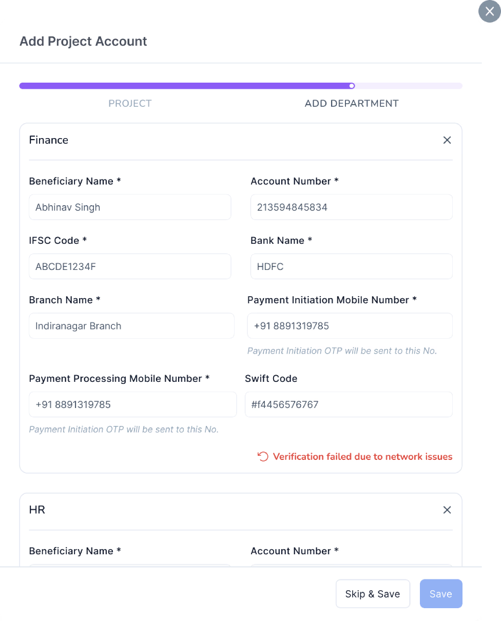 Add department account - verification failed